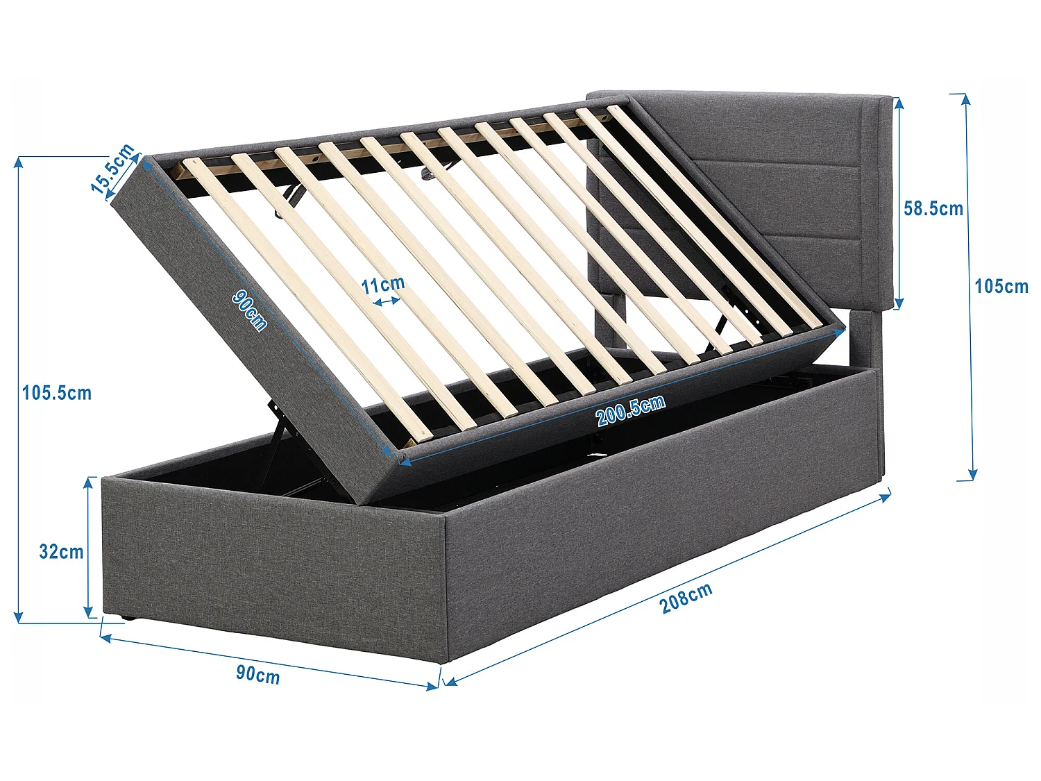 Lit boxspring 90 x 200 cm avec tête de lit et sommier - tissu lin - coloris gris