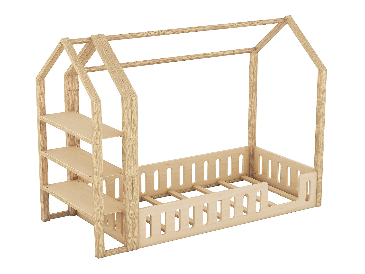Lit cabane 90 x 200 cm avec 3 étagères - Pin et MDF - Naturel
