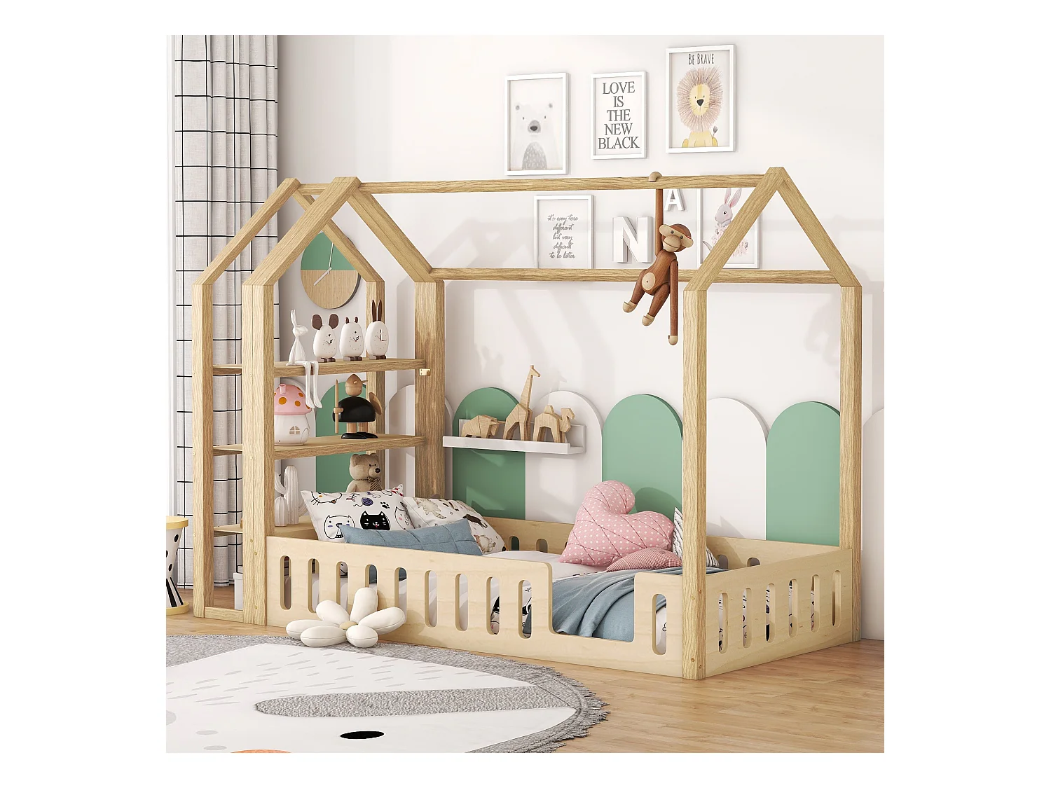 Lit cabane 90 x 200 cm avec 3 étagères - Pin et MDF - Naturel