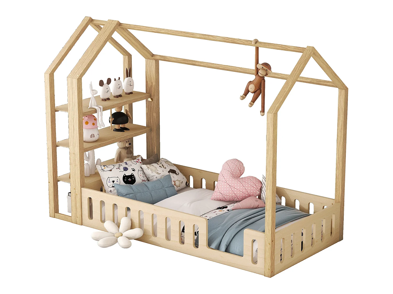 Lit cabane 90 x 200 cm avec 3 étagères - Pin et MDF - Naturel