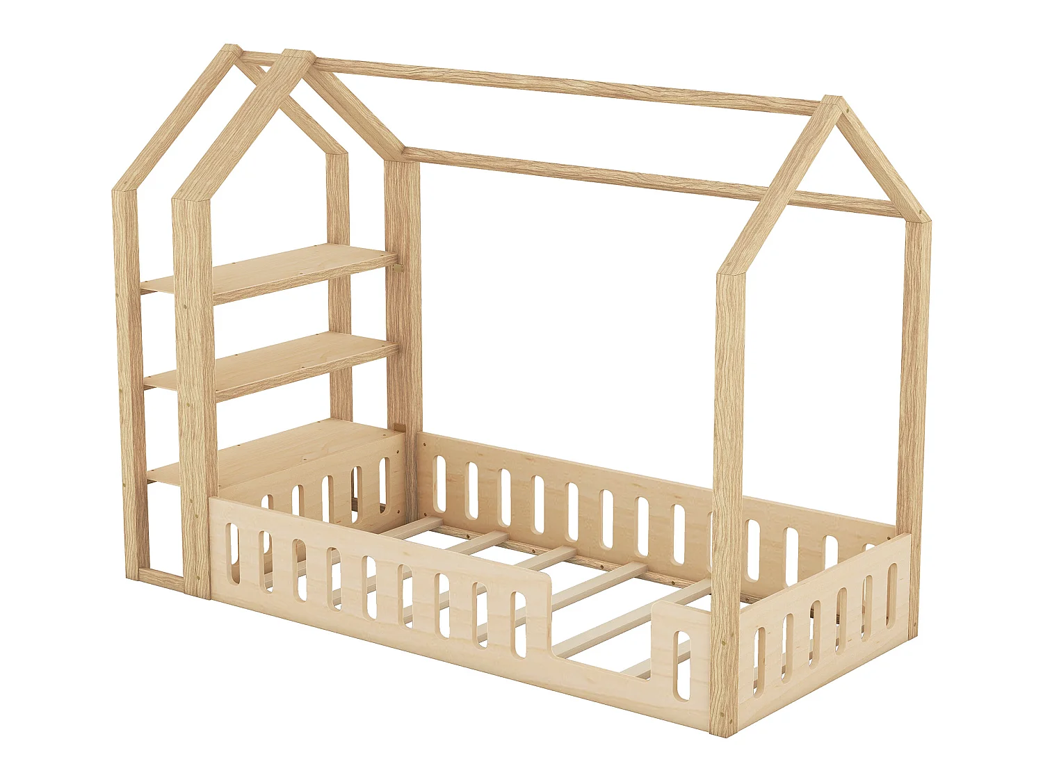 Lit cabane 90 x 200 cm avec 3 étagères - Pin et MDF - Naturel