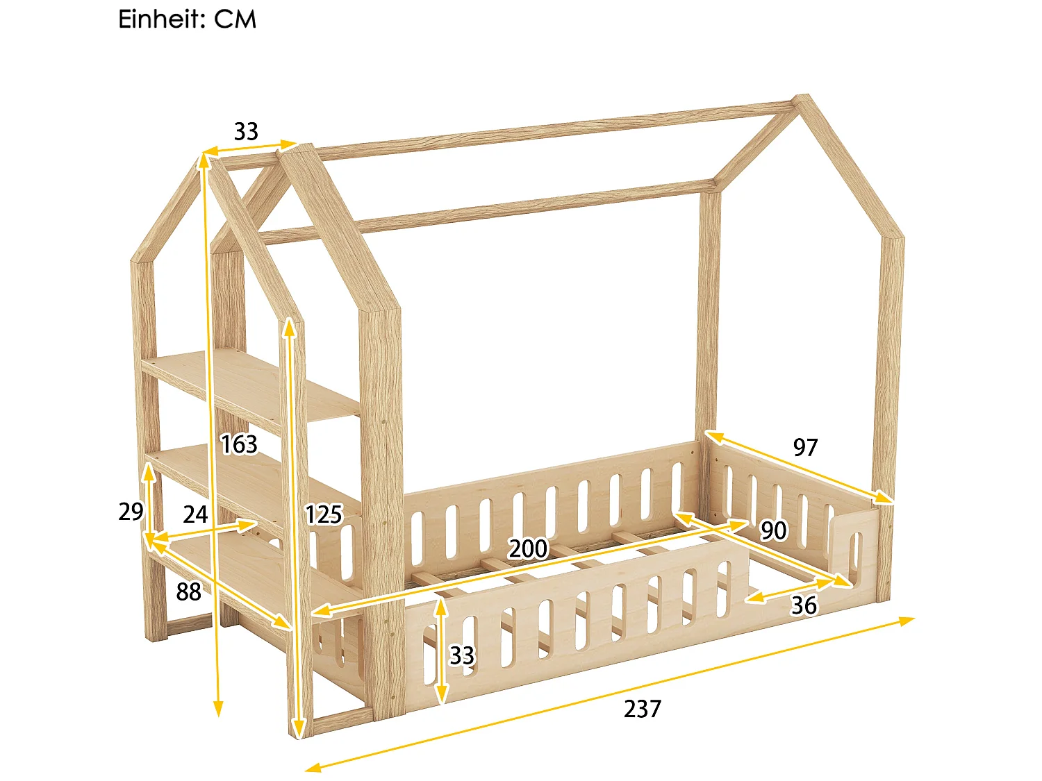Cabinebed 90 x 200 cm met 3 planken - Grenen en MDF - Naturel