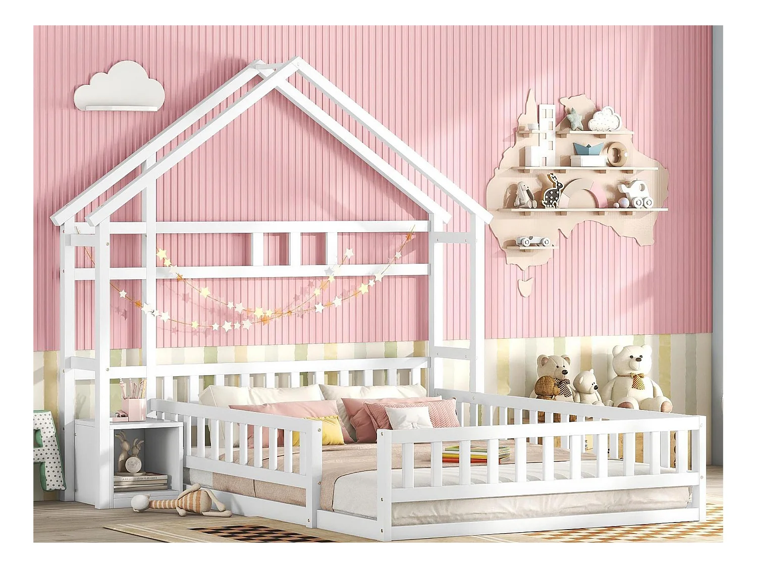 Lit cabane 140 x 200 cm avec table de chevet - Pin et MDF - Blanc