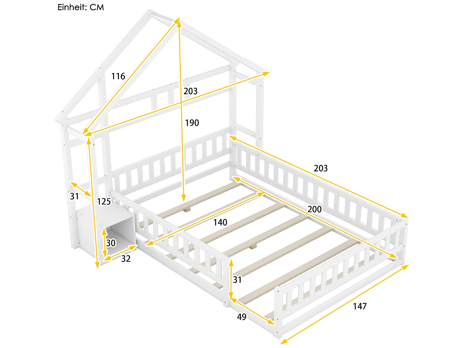 Hochbett 140 x 200 cm mit Nachttisch – Kiefer und MDF – Weiß