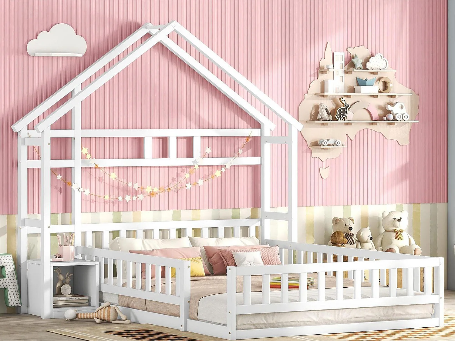 Lit cabane 140 x 200 cm avec table de chevet - Pin et MDF - Blanc