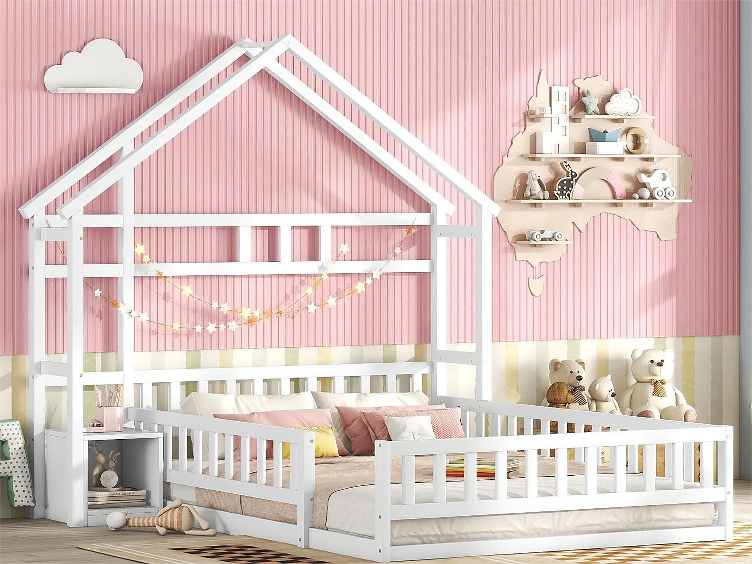 Cama cabine 140 x 200 cm com mesa de cabeceira - Pinho e MDF - Branco