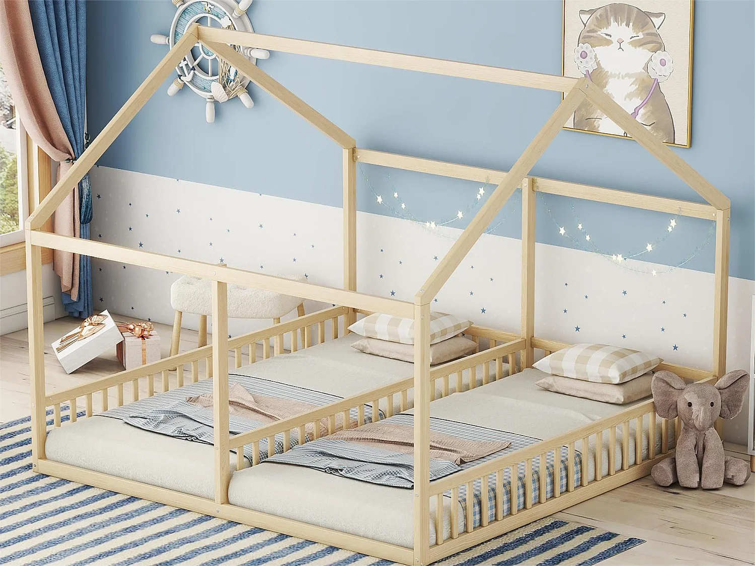 Lit cabane 2 places - 2 x 90 x 200 cm - bois pin + MDF - coloris naturel