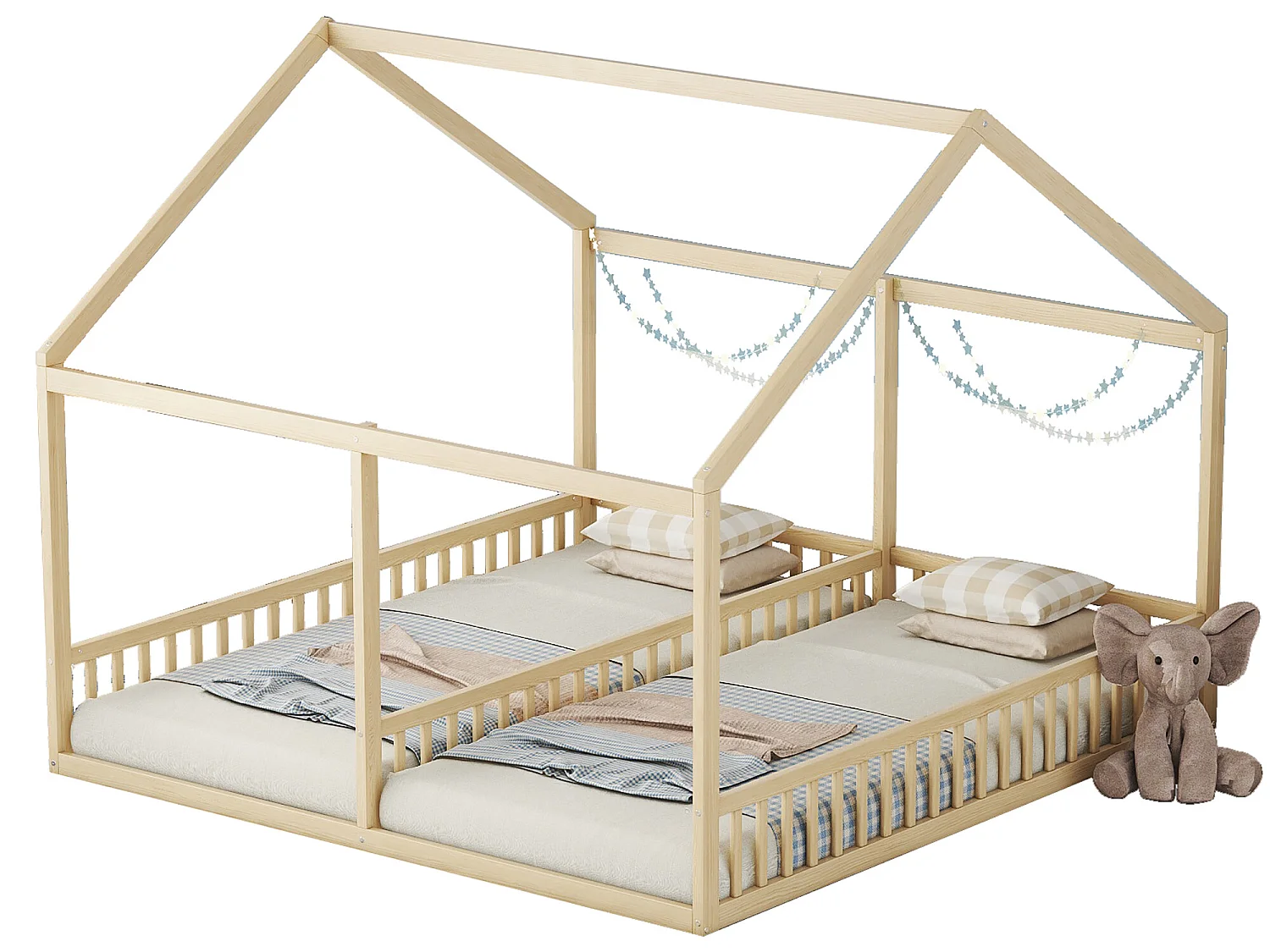 Lit cabane 2 places - 2 x 90 x 200 cm - bois pin + MDF - coloris naturel