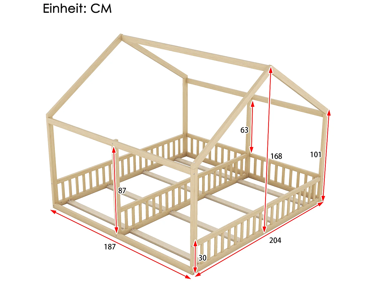 Lit cabane 2 places - 2 x 90 x 200 cm - bois pin + MDF - coloris naturel