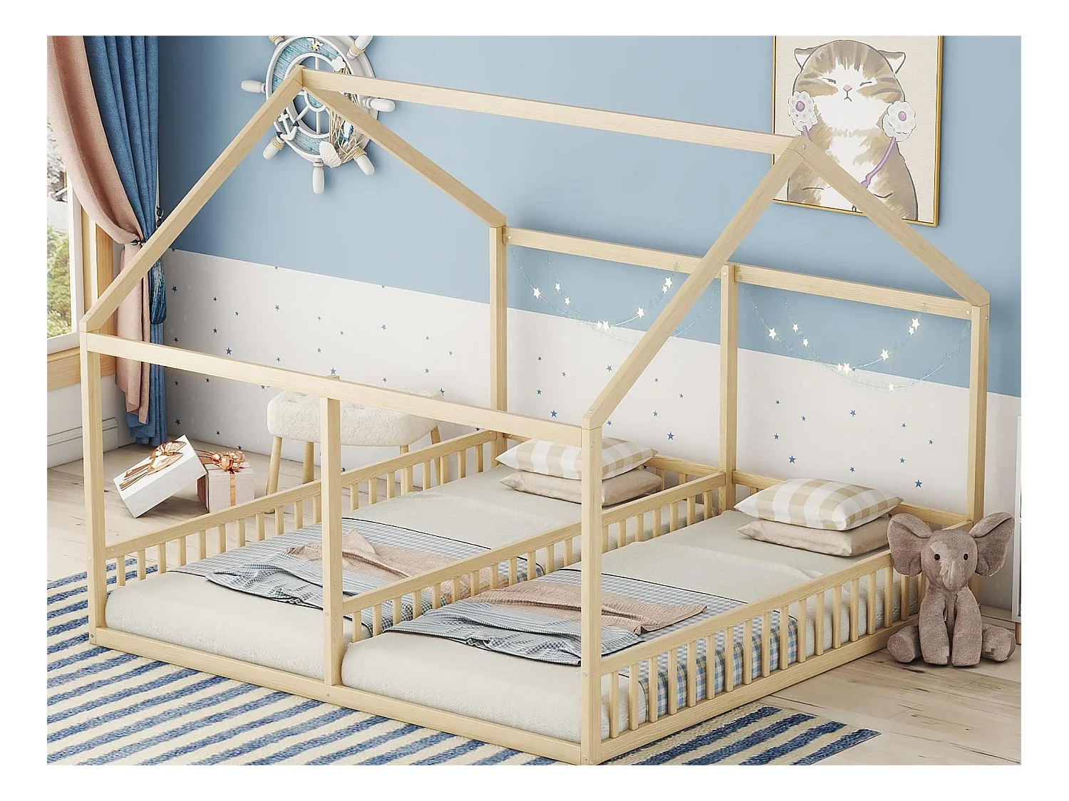 Lit cabane 2 places - 2 x 90 x 200 cm - bois pin + MDF - coloris naturel