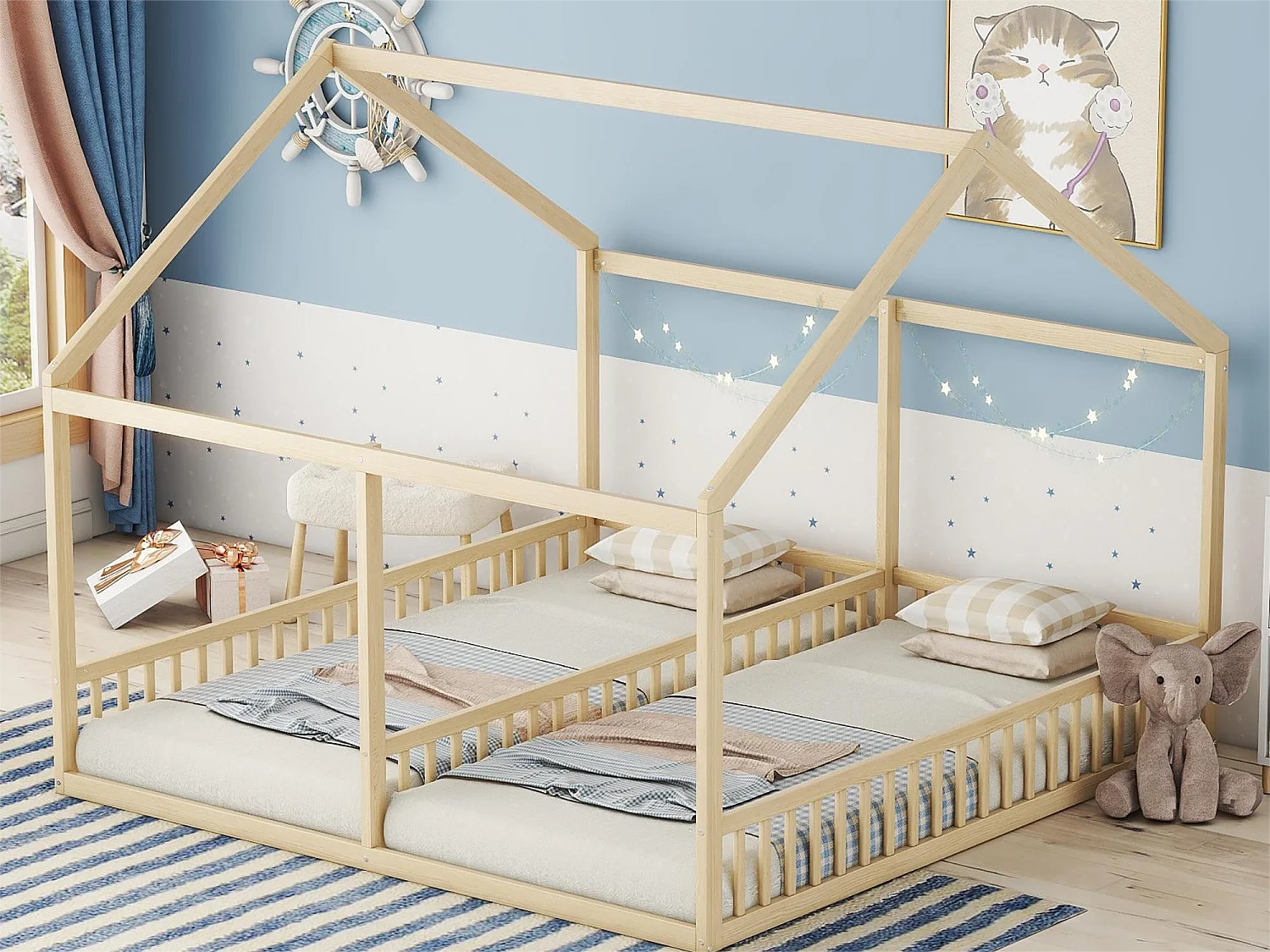 Cama cabine de 2 lugares - 2 x 90 x 200 cm - madeira de pinho + MDF - cor natural