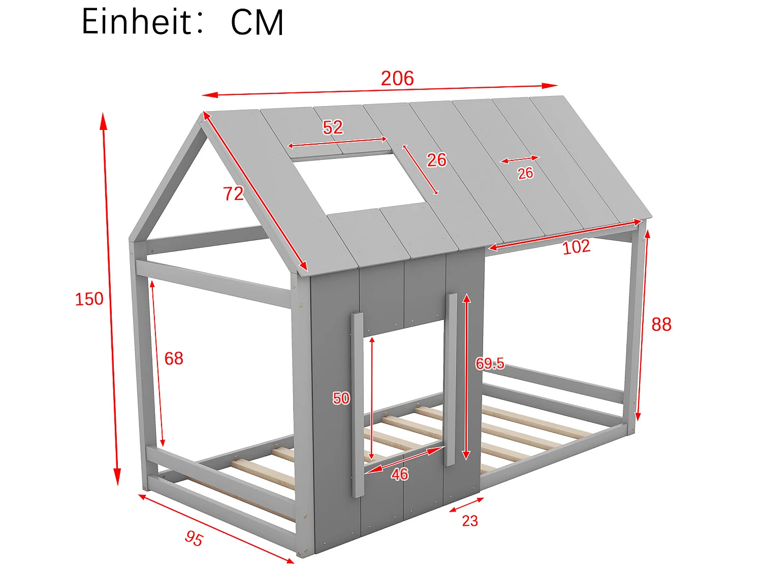Lit cabane 90 x 200 cm pour enfant - pin et MDF - coloris: Gris