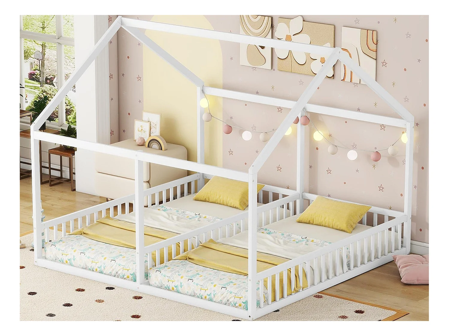 Lit cabane 2 places - 2 x 90 x 200 cm - bois pin + MDF - coloris blanc