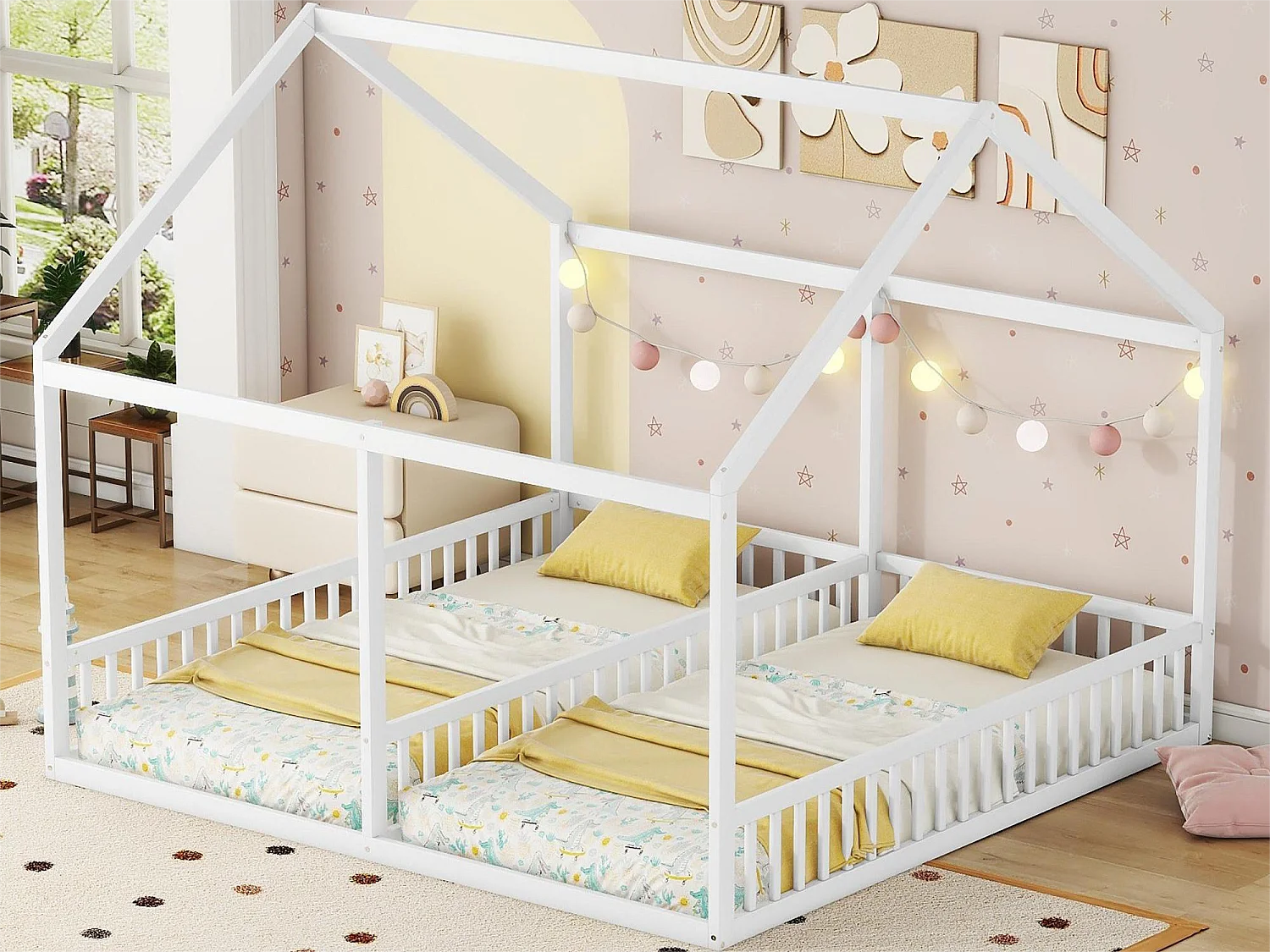 Tweepersoonsbed - 2 x 90 x 200 cm - grenenhout + MDF - kleur wit