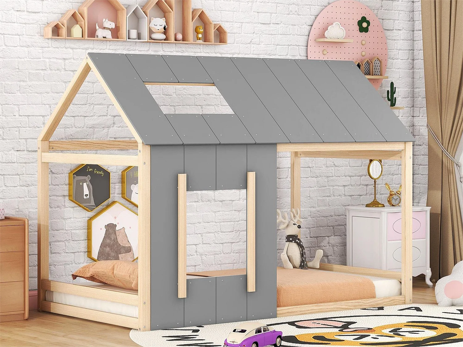 Cama nido infantil de 90 x 200 cm - pino y MDF - colores: Natural + Gris