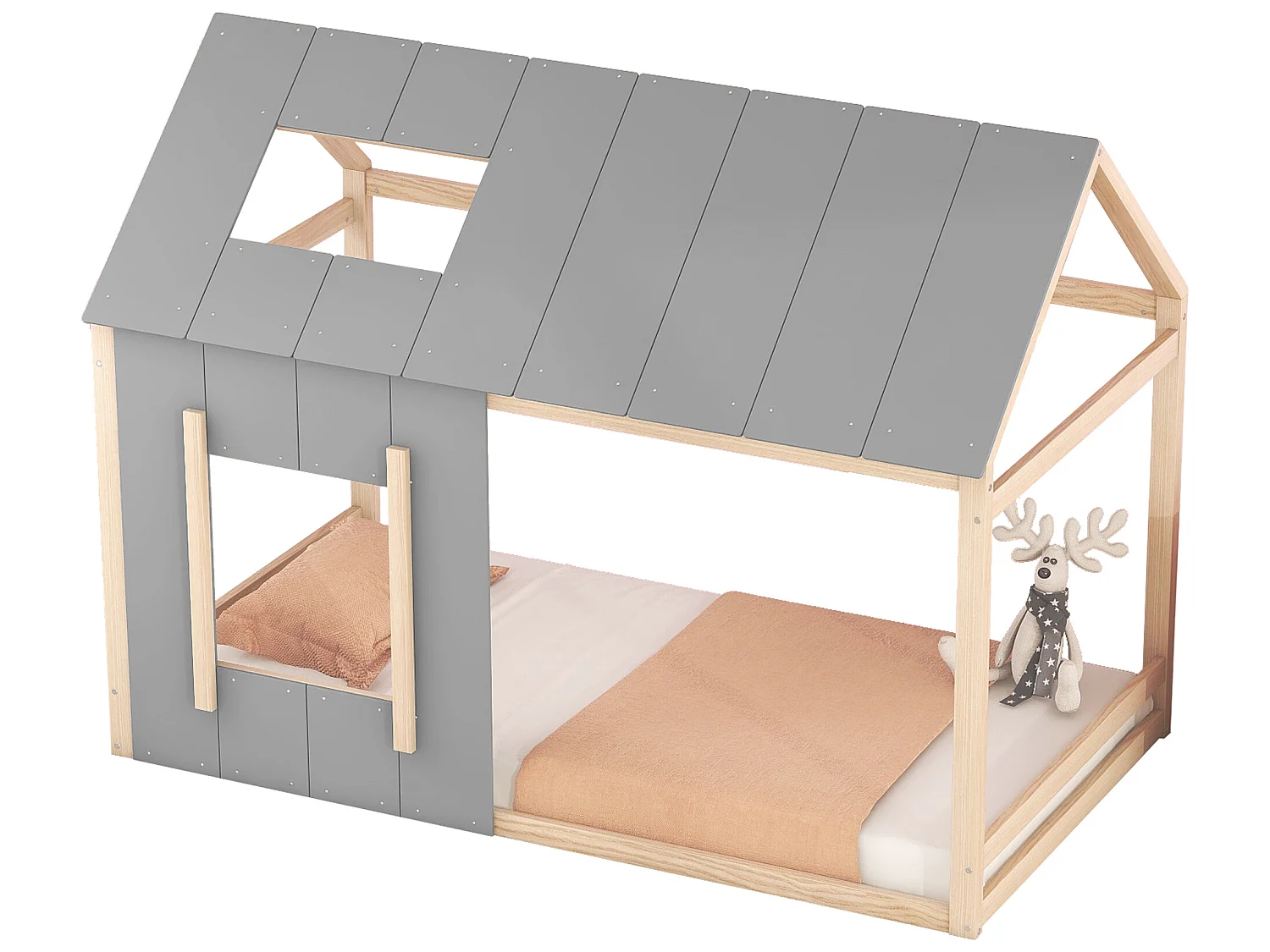 Cama nido infantil de 90 x 200 cm - pino y MDF - colores: Natural + Gris