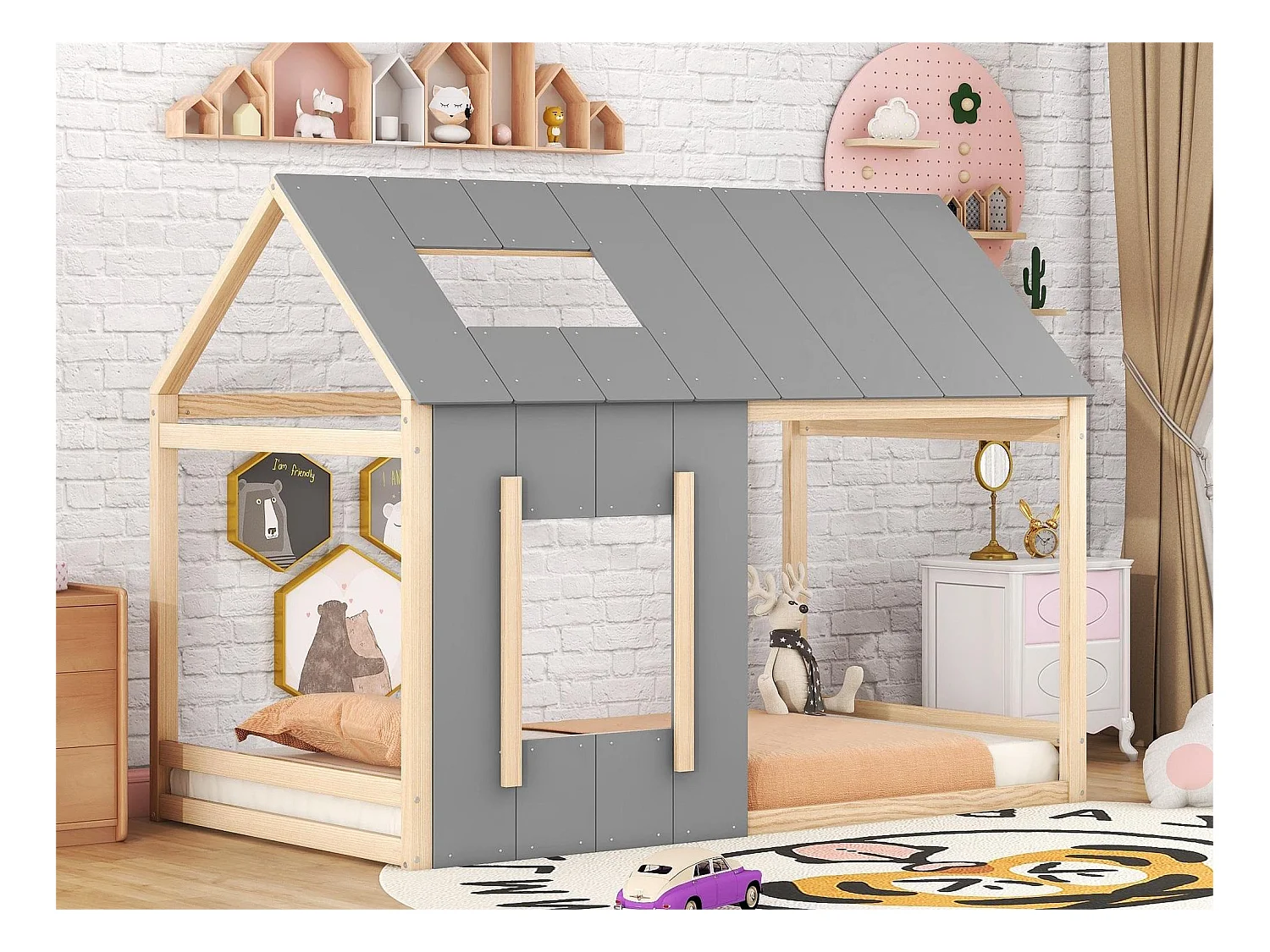 Lit cabane 90 x 200 cm pour enfant - pin et MDF - coloris: Naturel + Gris
