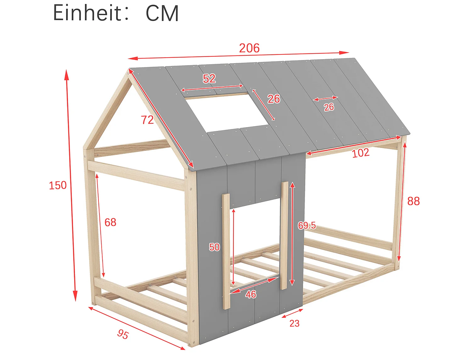 Lit cabane 90 x 200 cm pour enfant - pin et MDF - coloris: Naturel + Gris