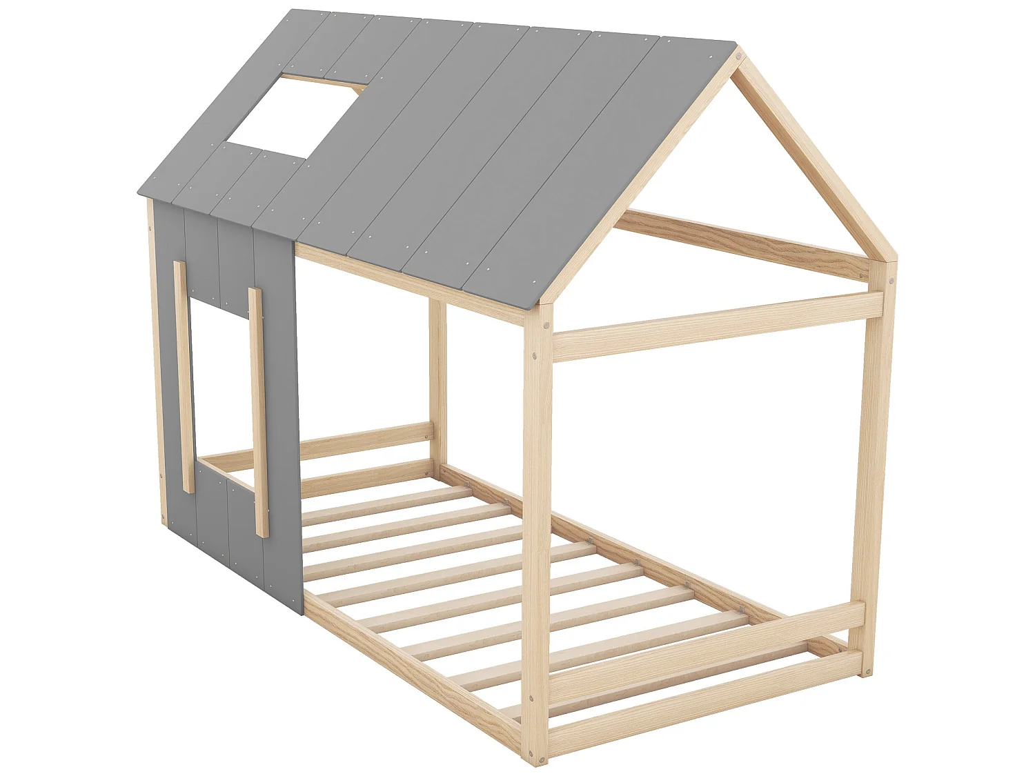 Lit cabane 90 x 200 cm pour enfant - pin et MDF - coloris: Naturel + Gris