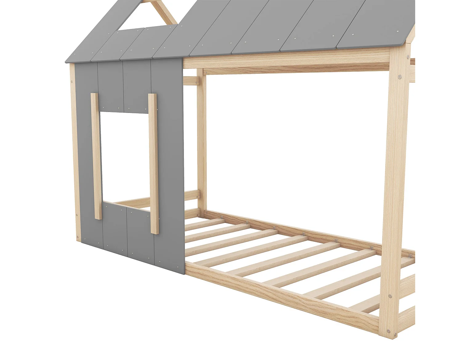 Lit cabane 90 x 200 cm pour enfant - pin et MDF - coloris: Naturel + Gris