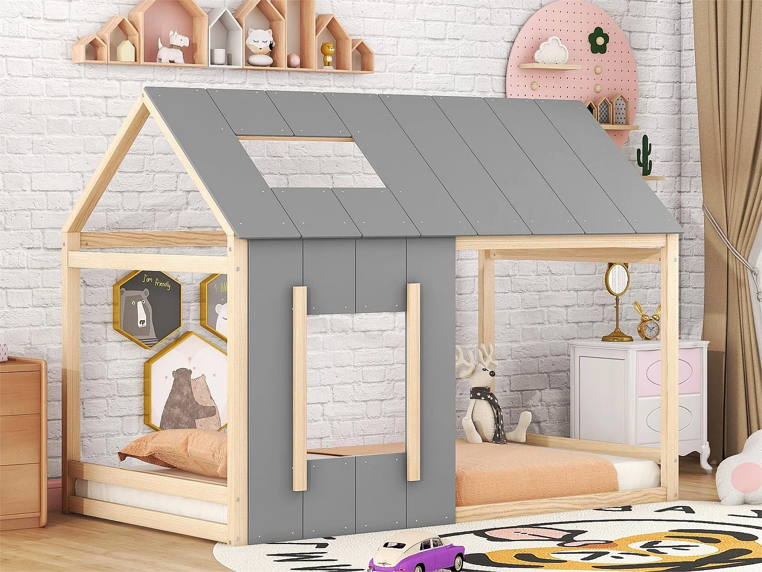 Cama cabine 90 x 200 cm para criança - pinho e MDF - cor: Natural + Cinza