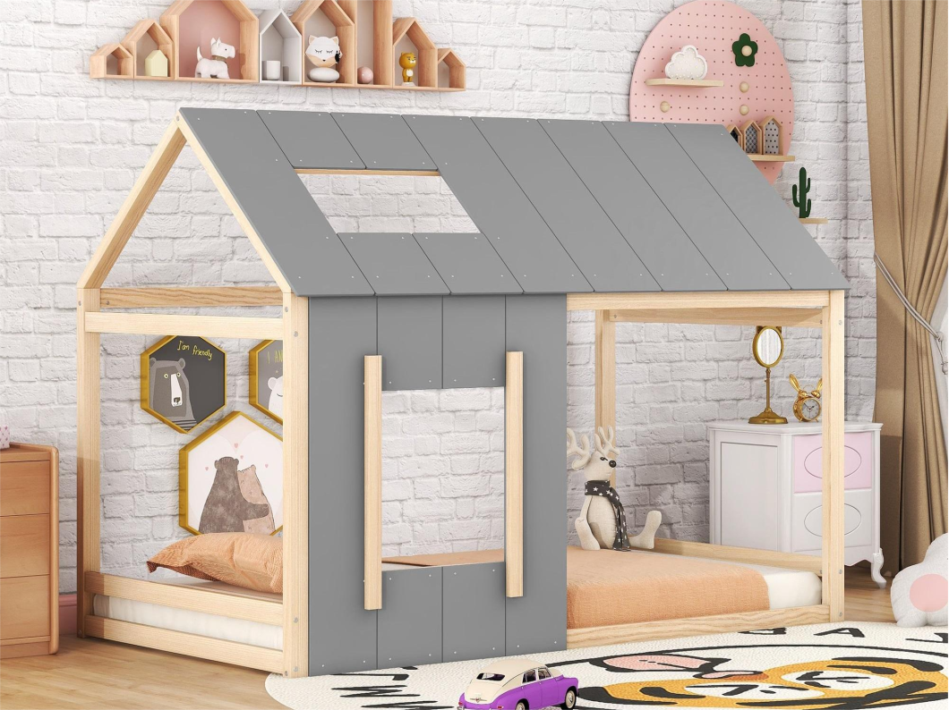 Cama nido infantil de 90 x 200 cm - pino y MDF - colores: Natural + Gris