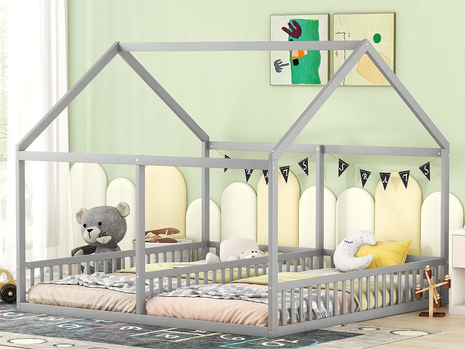 Lit cabane 2 places - 2 x 90 x 200 cm - bois pin + MDF - coloris gris