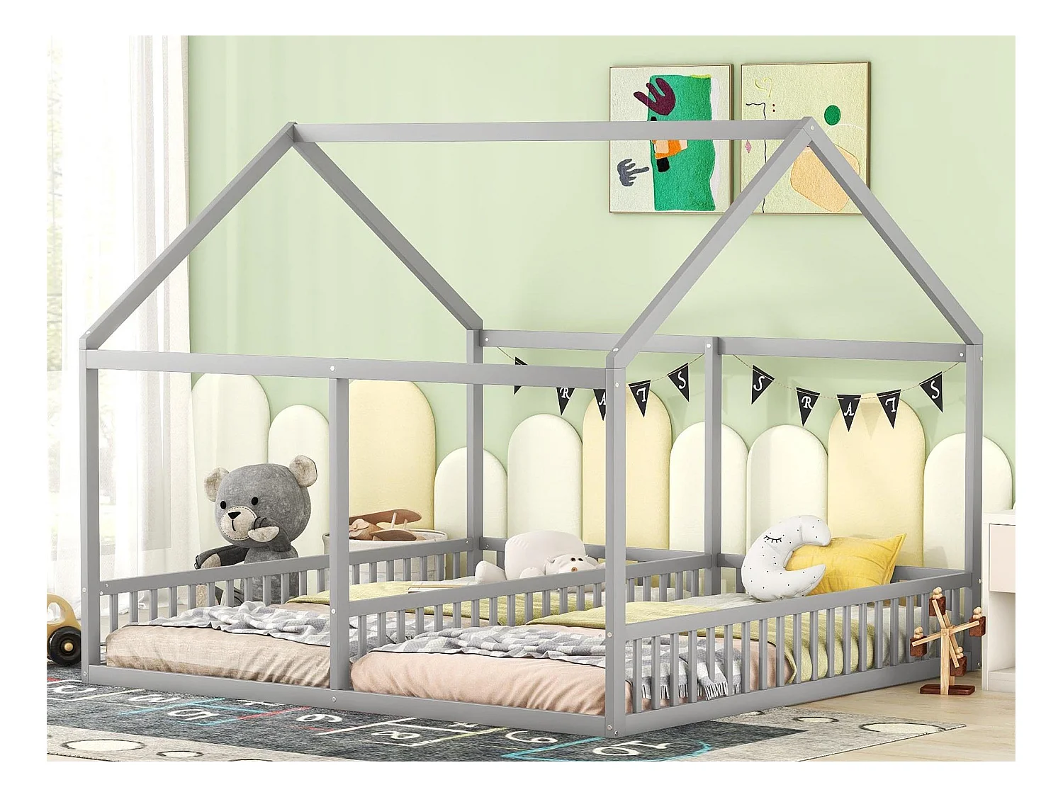 Lit cabane 2 places - 2 x 90 x 200 cm - bois pin + MDF - coloris gris