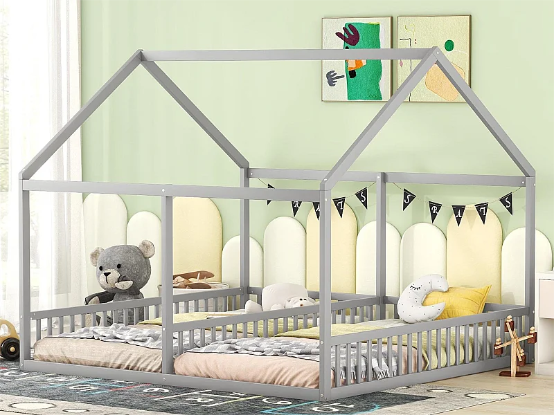 2-Sitzer-Kabinenbett – 2 x 90 x 200 cm – Kiefernholz + MDF – graue Farbe