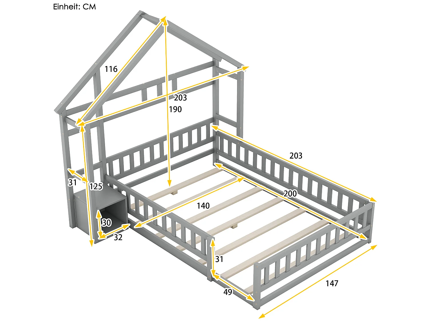 Cama cabine 140 x 200 cm com mesa de cabeceira - Pinho e MDF - Cinza