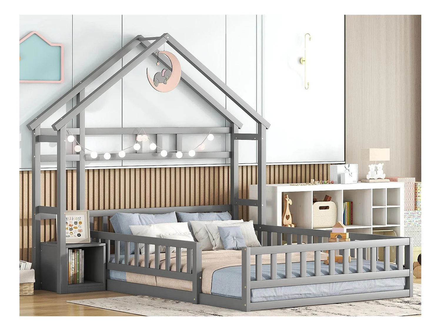 Kajuitbed 140 x 200 cm met nachtkastje - Dennen en MDF - Grijs