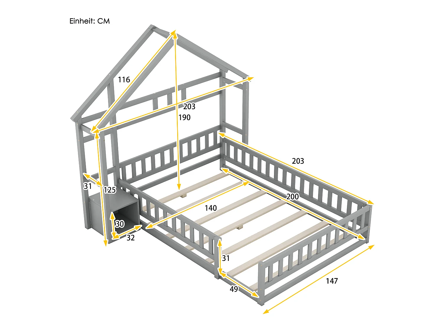 Letto a castello 140 x 200 cm con comodino - Pino e MDF - Grigio