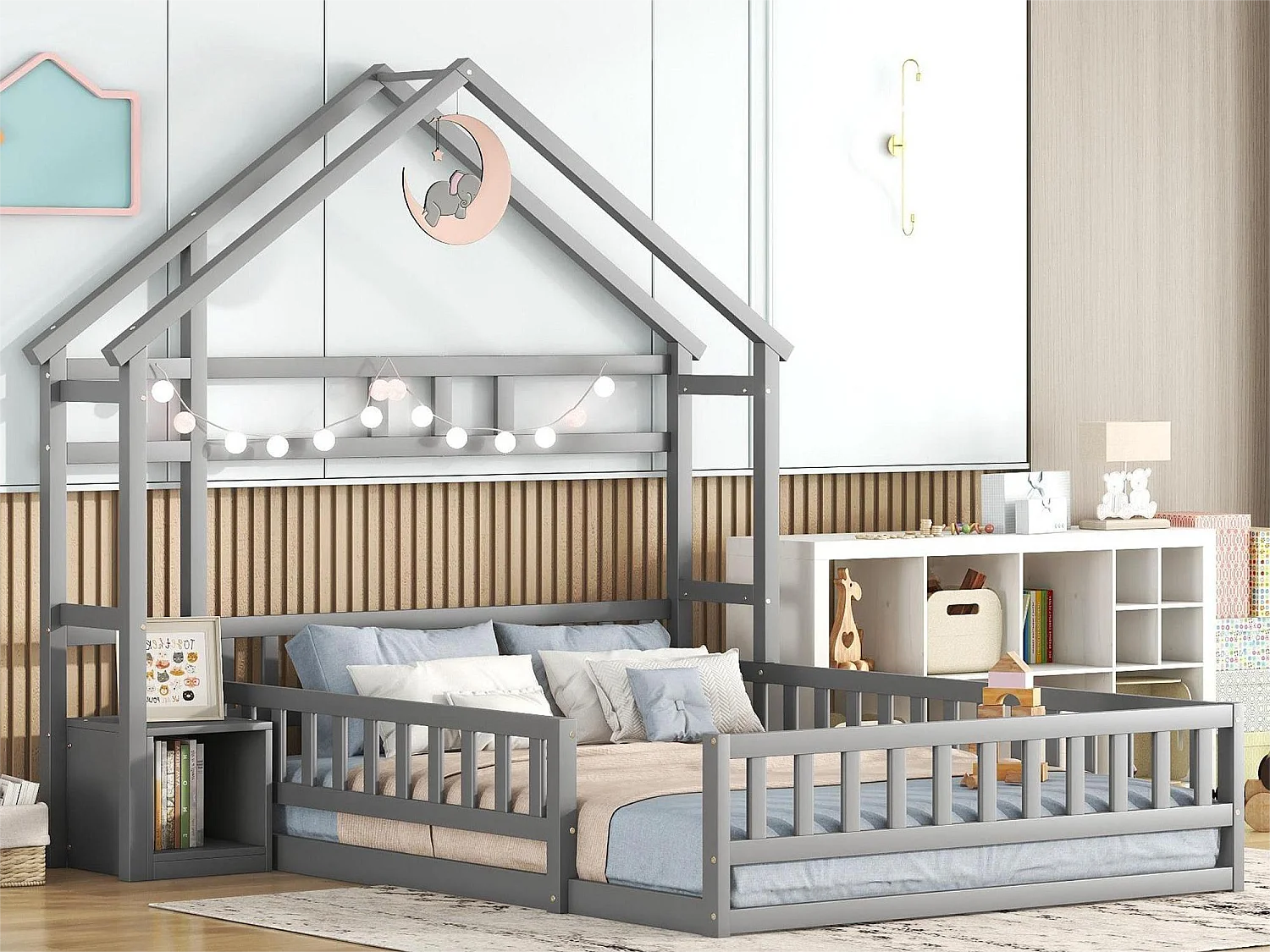 Kajuitbed 140 x 200 cm met nachtkastje - Dennen en MDF - Grijs