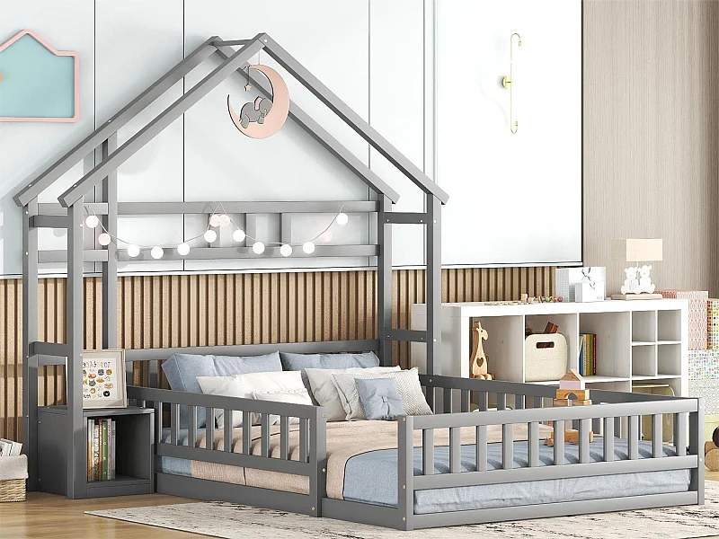 Lit cabane 140 x 200 cm avec table de chevet - Pin et MDF - Gris