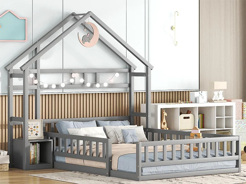 Lit cabane 140 x 200 cm avec table de chevet - Pin et MDF - Gris