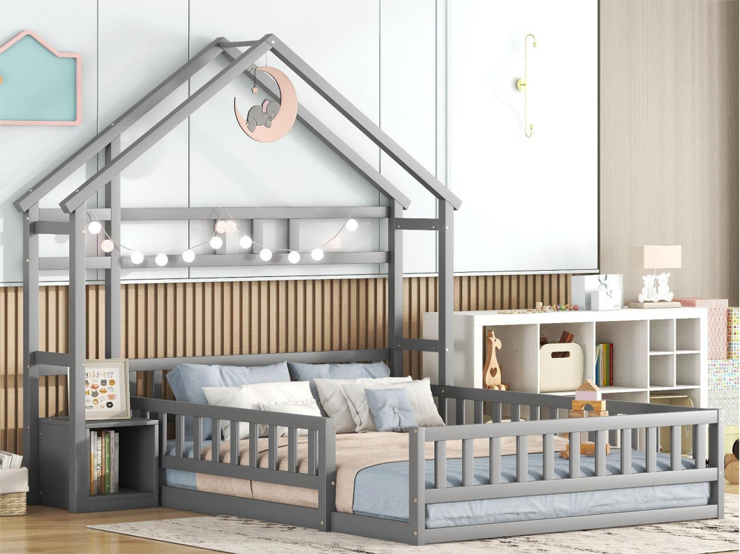Cama cabina 140 x 200 cm con mesita de noche - Pino y MDF - Gris