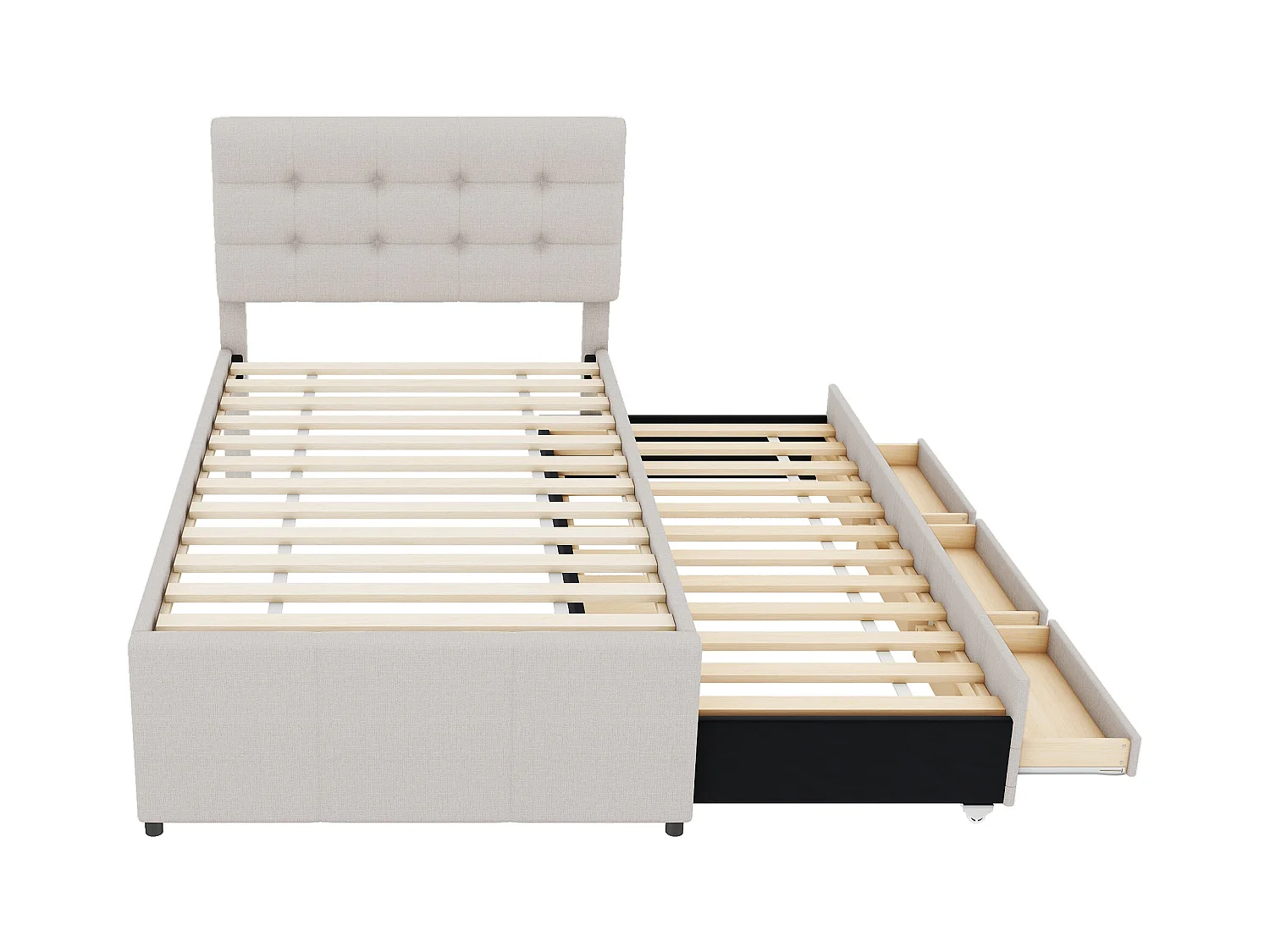 Lit gigogne 90 x 200 cm avec 3 tiroirs - tête de lit réglable - tissu lin - beige