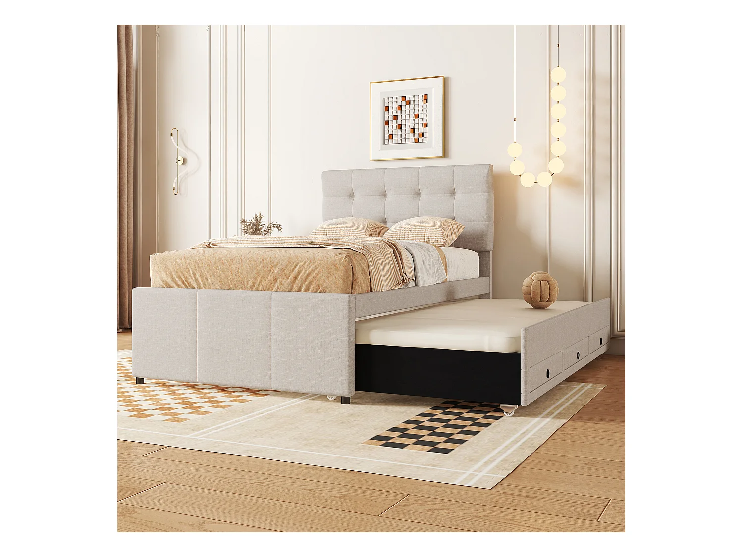 Lit gigogne 90 x 200 cm avec 3 tiroirs - tête de lit réglable - tissu lin - beige
