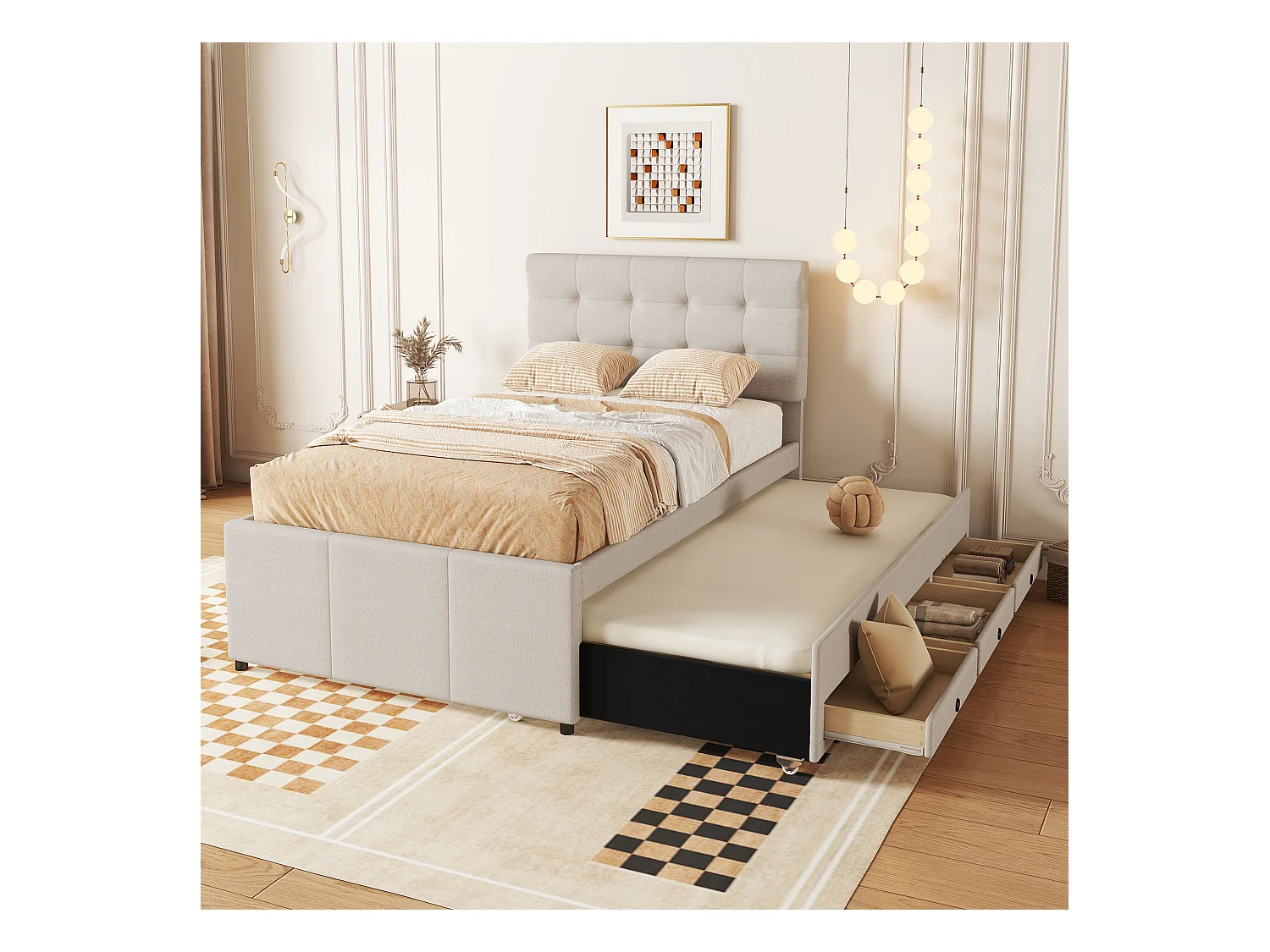 Lit gigogne 90 x 200 cm avec 3 tiroirs - tête de lit réglable - tissu lin - beige