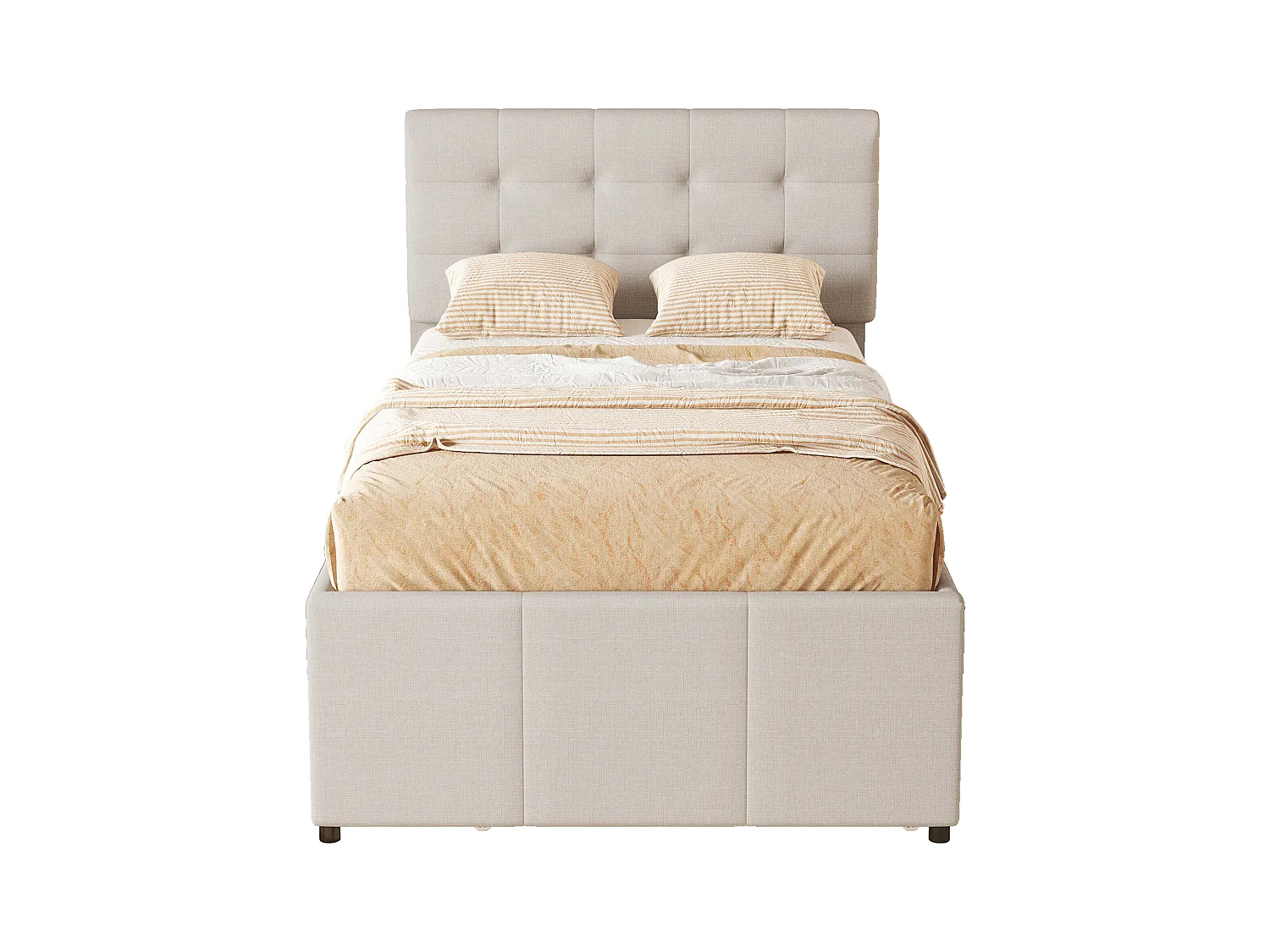 Lit gigogne 90 x 200 cm avec 3 tiroirs - tête de lit réglable - tissu lin - beige