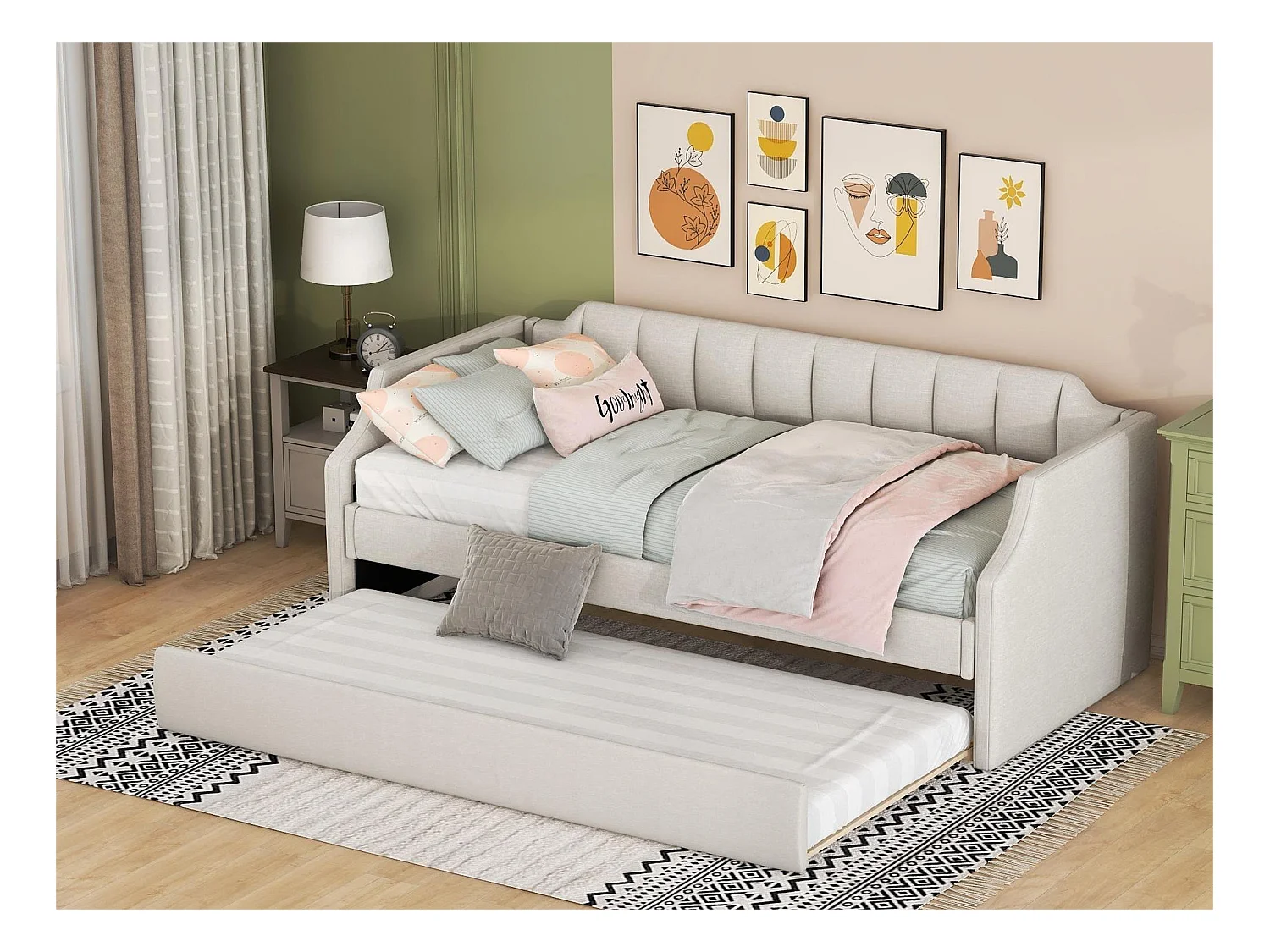 Ausziehbett – 90 x 200 cm und 90 x 190 cm – Leinenstoff – beige Farbe