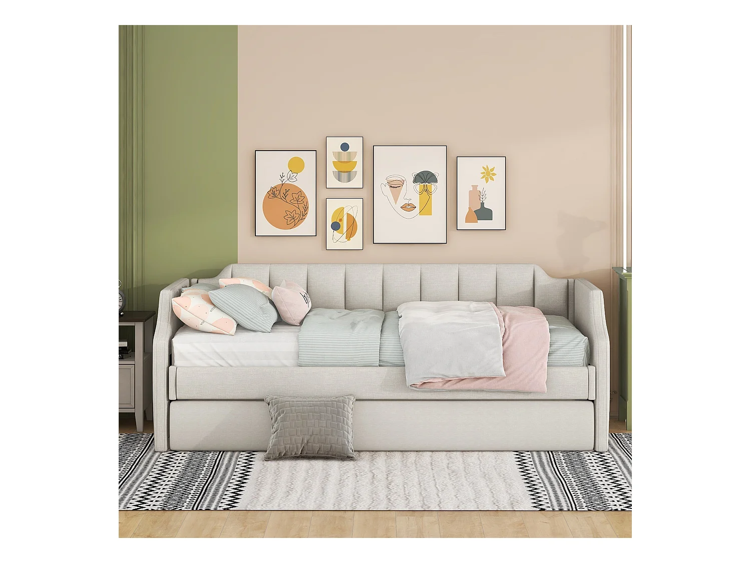 Lit gigogne - 90 x 200 cm et 90 x 190 cm - tissu lin -  coloris beige