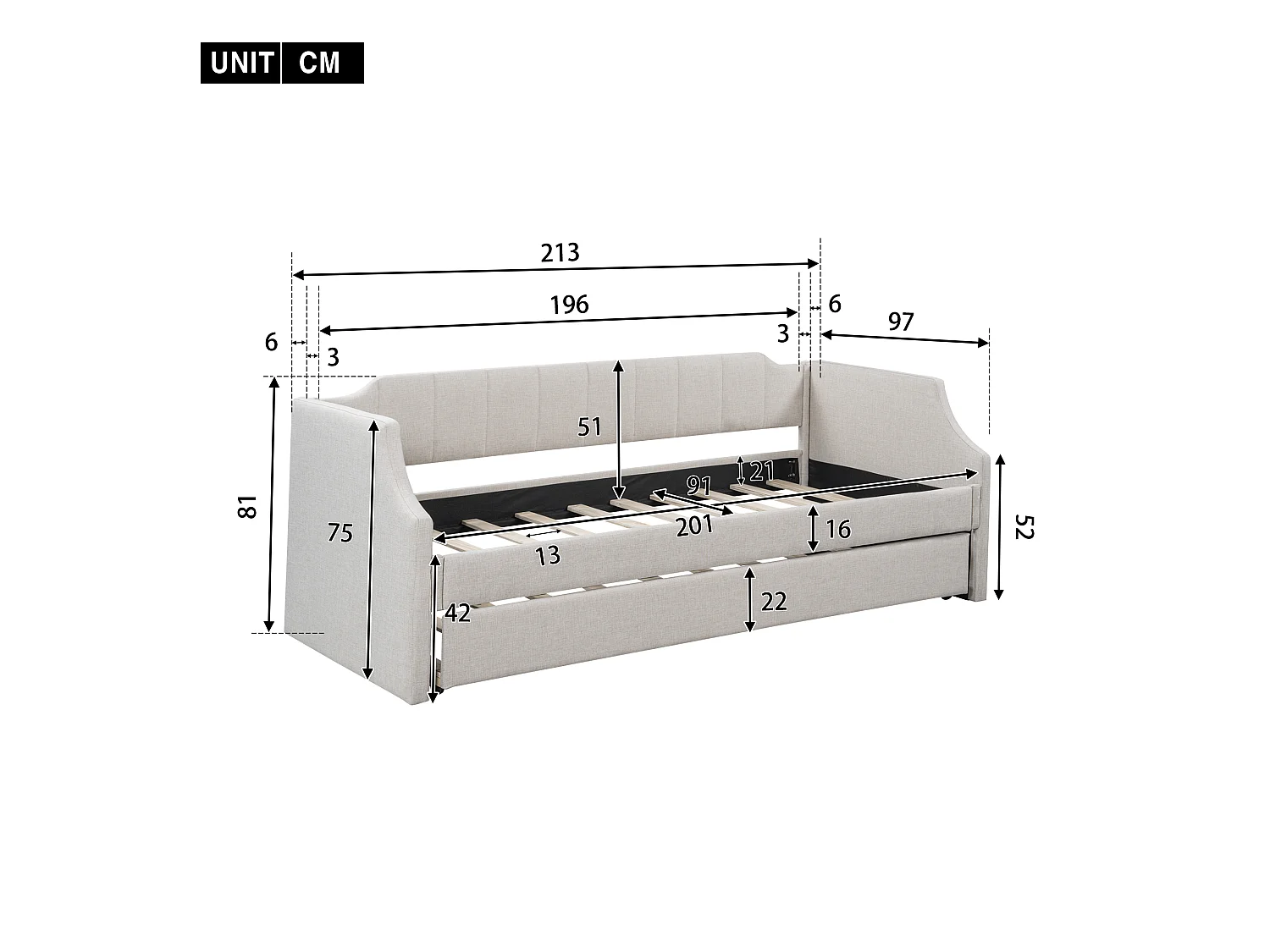 Lit gigogne - 90 x 200 cm et 90 x 190 cm - tissu lin -  coloris beige