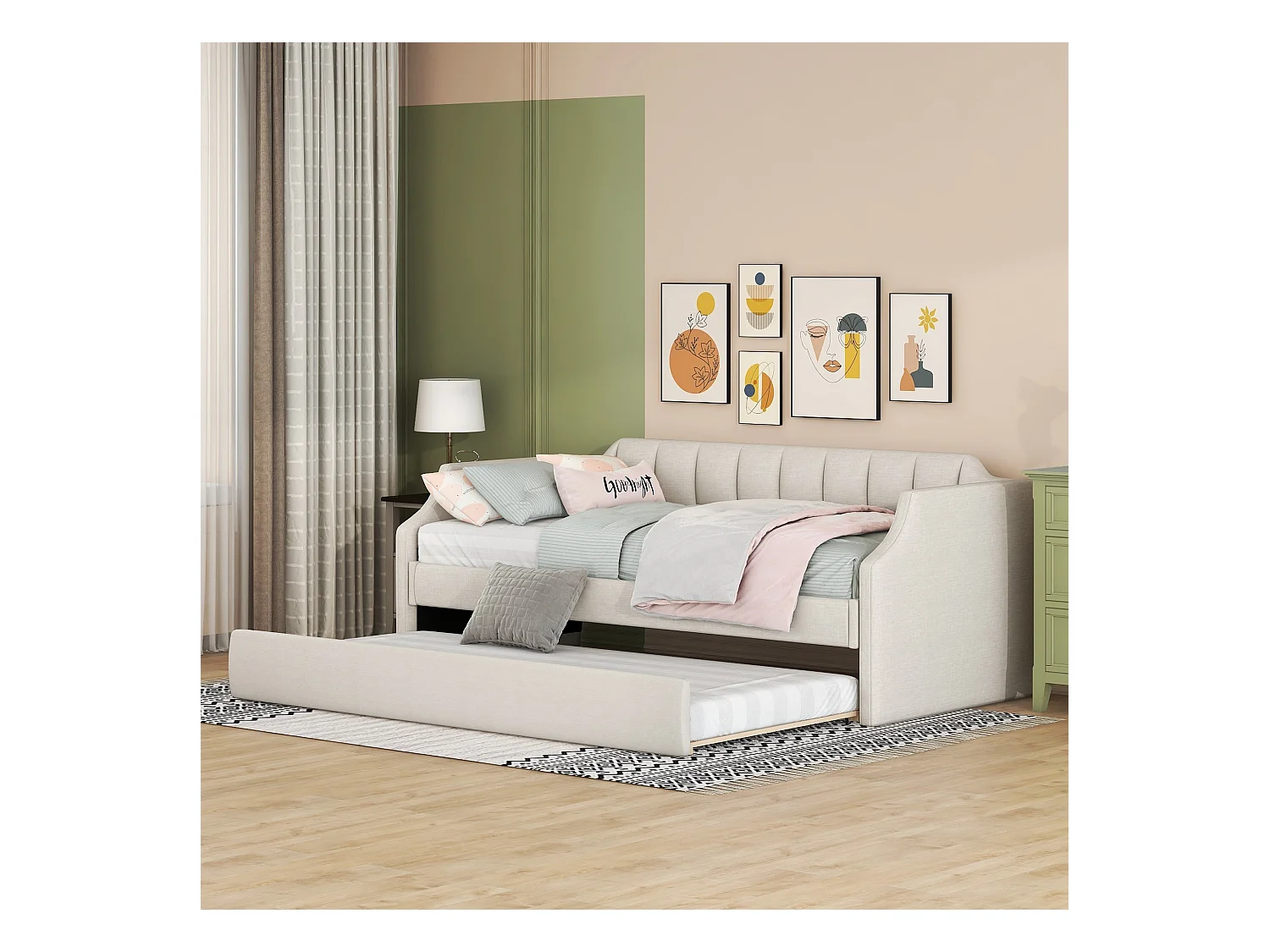 Lit gigogne - 90 x 200 cm et 90 x 190 cm - tissu lin -  coloris beige