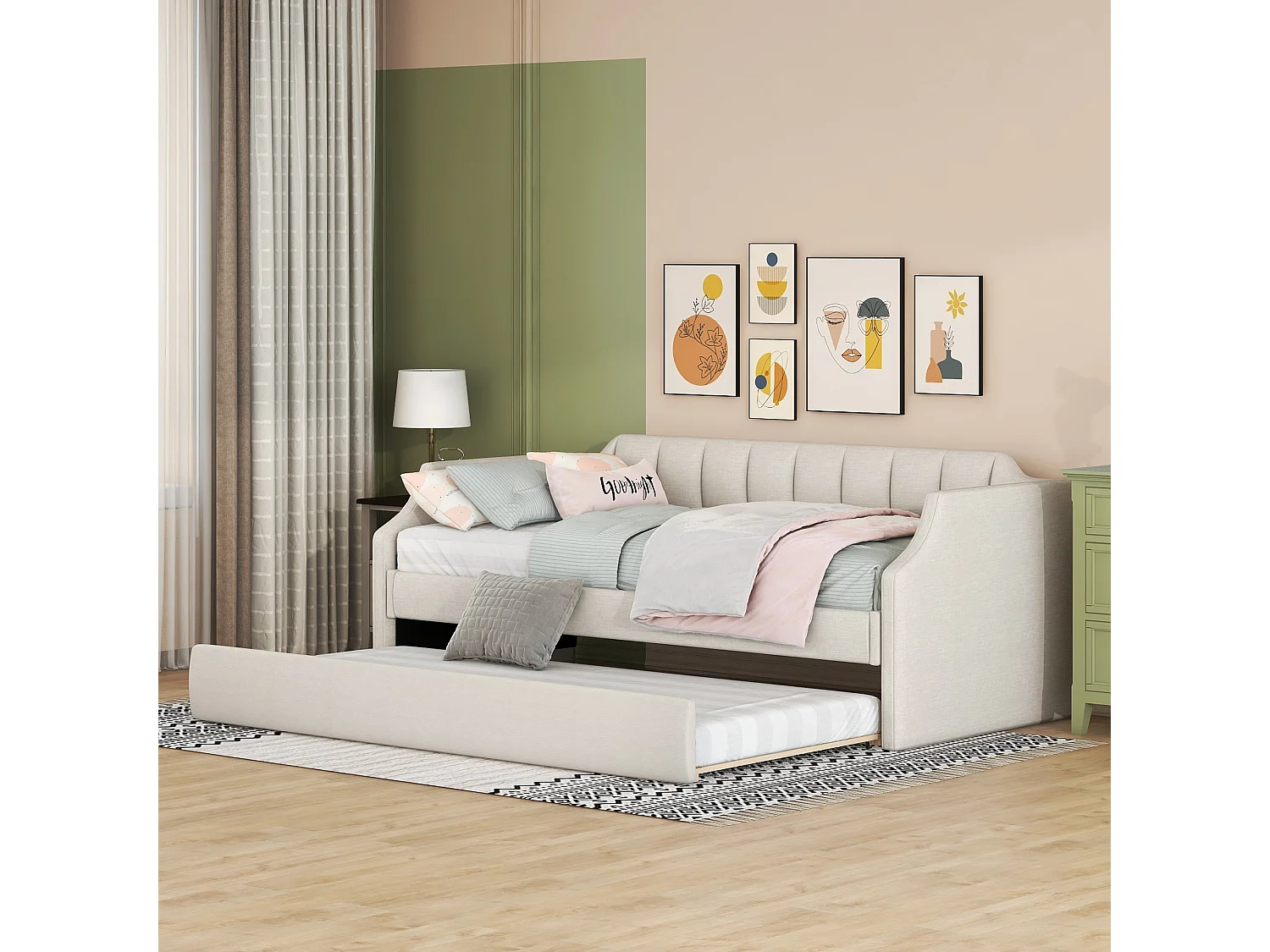 Lit gigogne - 90 x 200 cm et 90 x 190 cm - tissu lin -  coloris beige