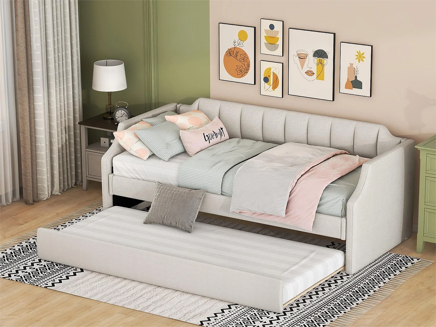 Onderschuifbed - 90 x 200 cm en 90 x 190 cm - linnen stof - beige kleur