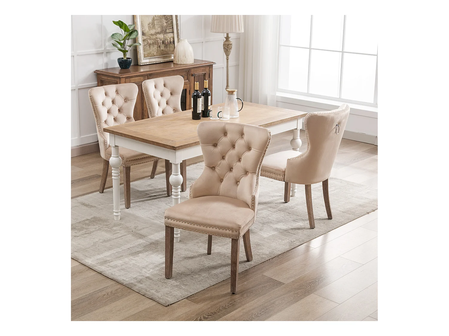 Lot de 4 chaises de salle à manger - chaises de salon avec dossier - assise en velours et pièds en bois massif - beige
