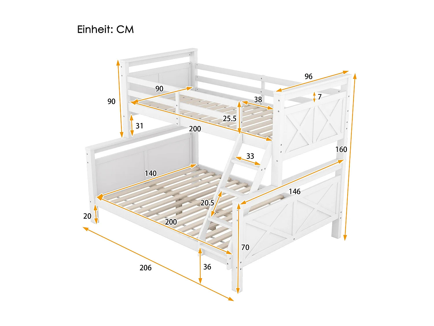 Lit superposé 3 places - 90 x 200 cm + 140 x 200 cm - Pin et MDF - Blanc