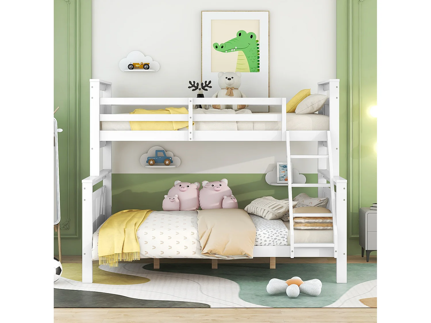 Lit superposé 3 places - 90 x 200 cm + 140 x 200 cm - Pin et MDF - Blanc