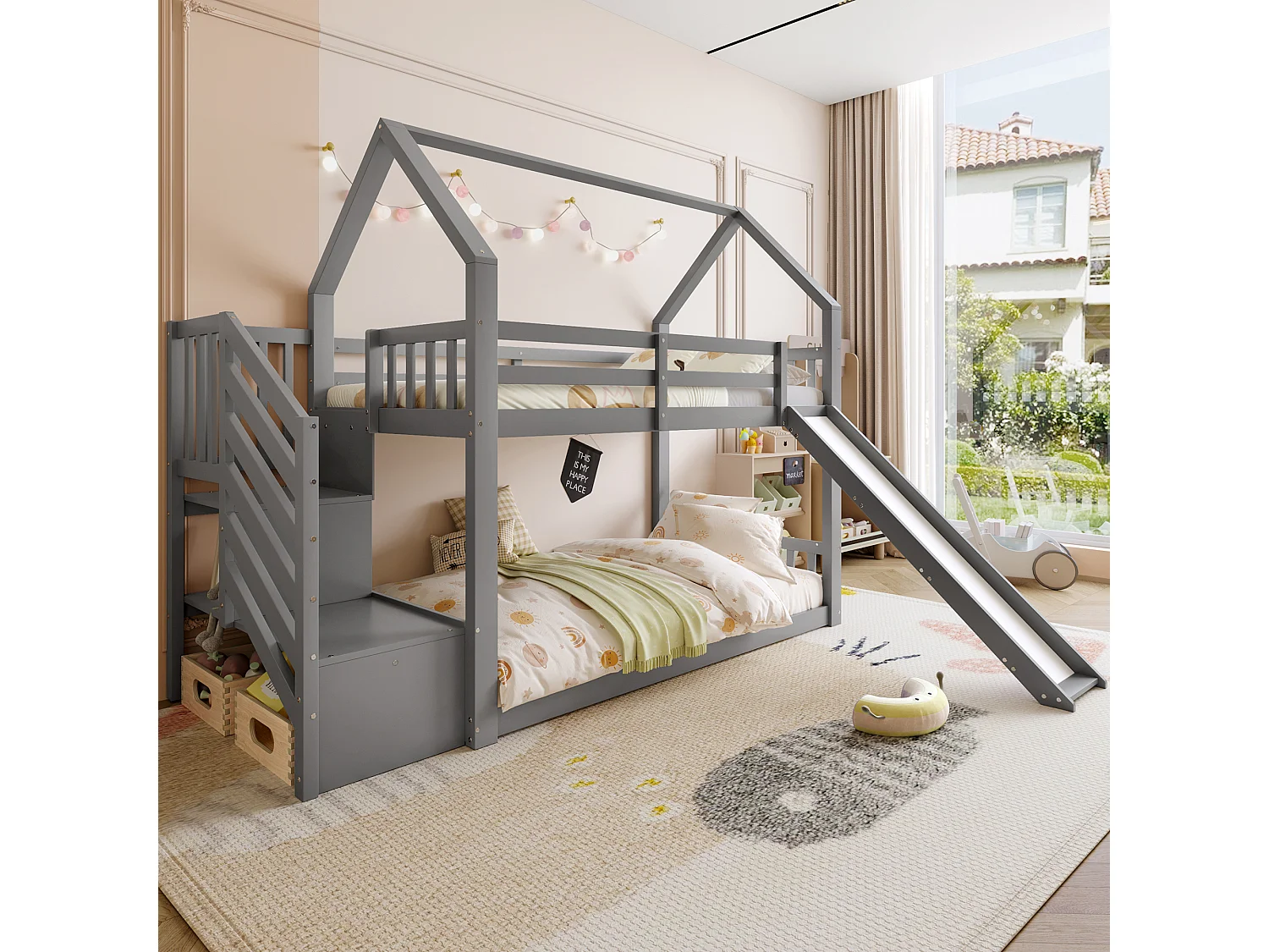 Lit superposé - 2 x 90 x 200 cm - 2 tiroirs et toboggan - pin et MDF - gris